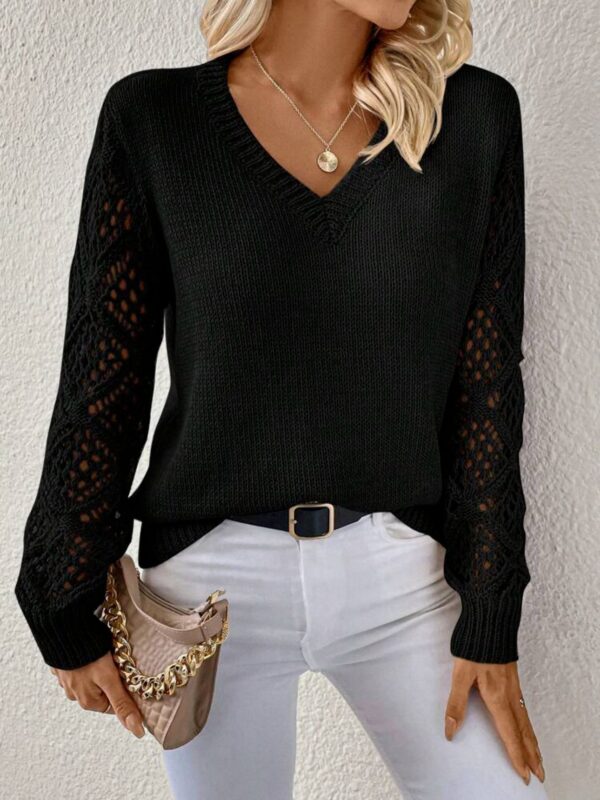 Solid V-neck Pullover Sweater With Hollow Long Sleeve Fashion Tops For Women Clothing - Image 10