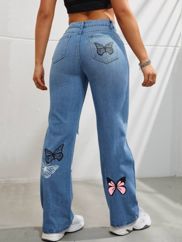 High Waisted Straight Leg Jeans For Women Trendy Butterfly Print Ripped Distressed Denim Pants - Image 7