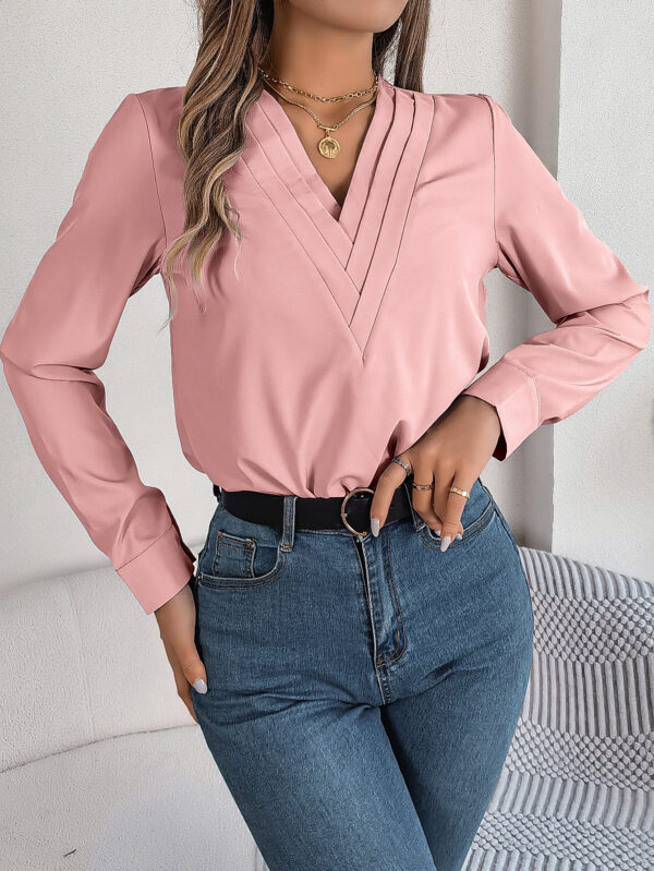 Fashion V-Neck Long Sleeve Shirt Elegant Commuter Solid Blouse Office Women's Clothing - Image 7