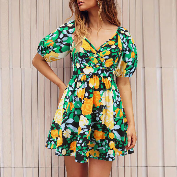 Flowers Print V-Neck Lantern-sleeve Dress Y2K Summer Vacation Beach Short Dresses Fashion Womens Clothing - Image 6