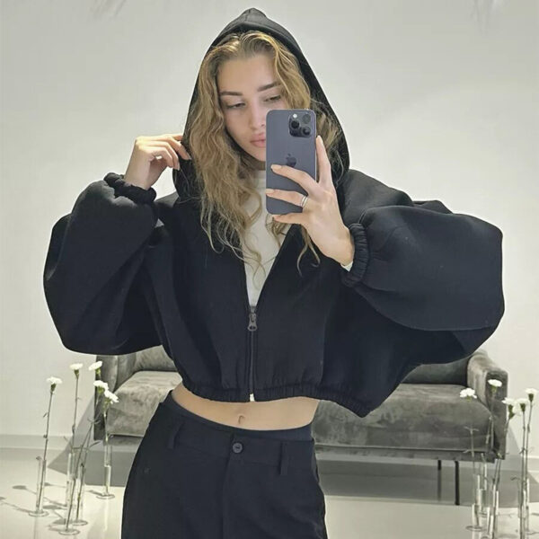 Casual Solid Color Hooded Short Jacket Y2K Fashion Sports Sweatshirt Long Sleeve Zip Up Cardigan Hoodies Women's Clothing - Image 3