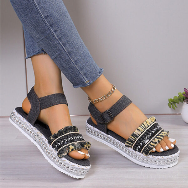 Fashion Tassel Denim Sandals With Thick-soled Flat Heel New Summer Hemp Rope Sole Ethnic Style Shoes For Women - Image 6