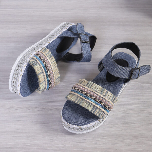 Fashion Tassel Denim Sandals With Thick-soled Flat Heel New Summer Hemp Rope Sole Ethnic Style Shoes For Women - Image 5