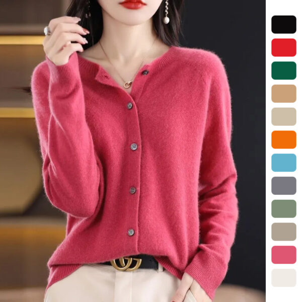 Fashion Merino Wool Cardigan Sweater Women O-Neck Long-sleeve Cashmere Knitwear Spring Autumn Female Clothing Tops