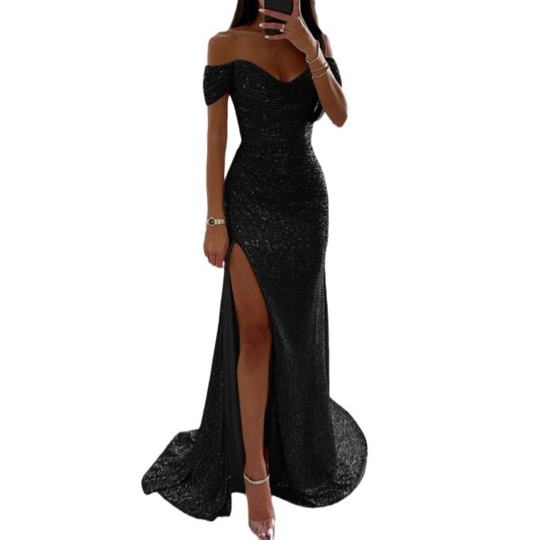 Female Creative Solid Color Sparkling Slit Dress - Image 4