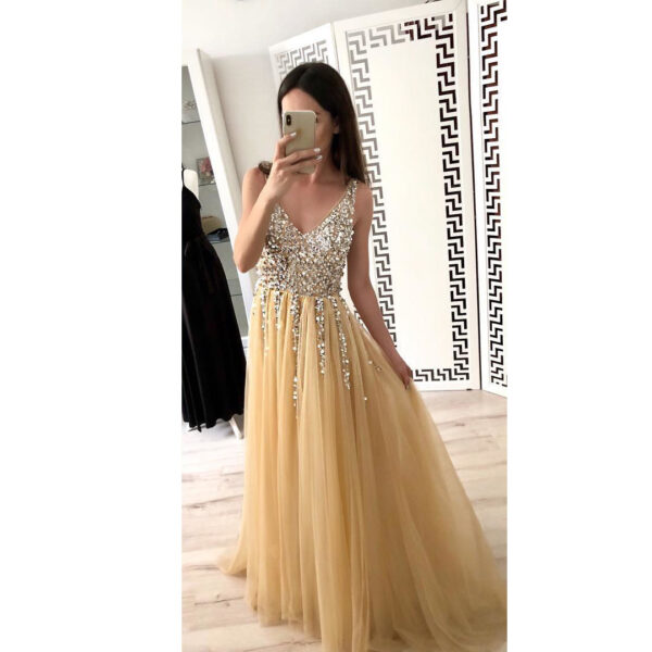 Hot Sale Front And Back V-neck Sequined Floor-length Dovetail Dress - Image 2