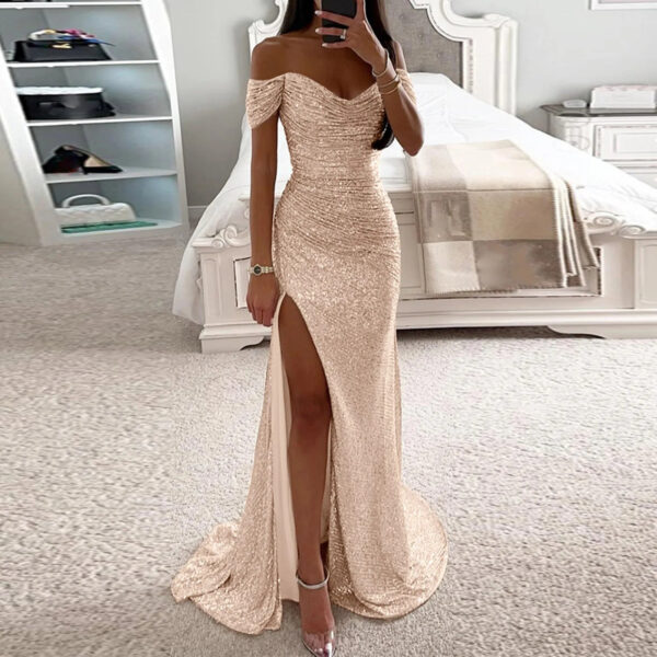 Female Creative Solid Color Sparkling Slit Dress - Image 10