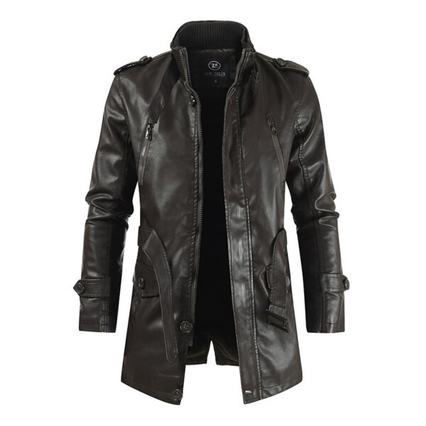 Men's Mid-length Leather Coat Stand Collar Fleece-lined Thickened - Image 6