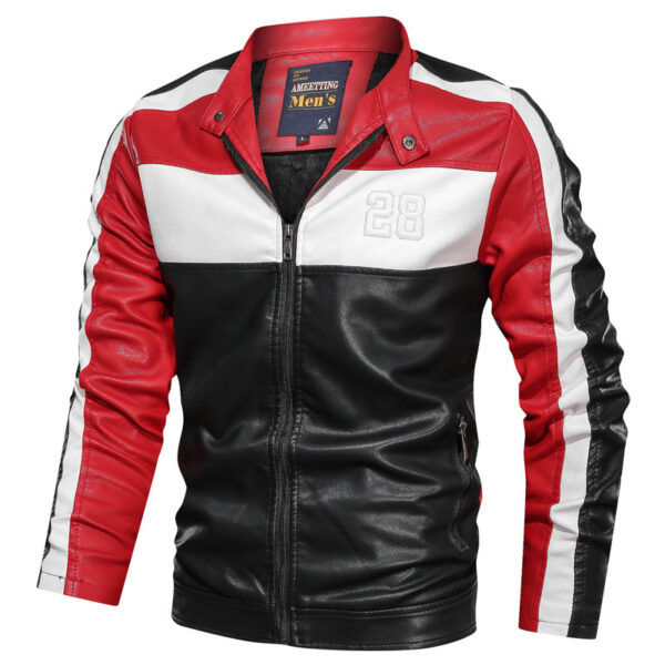 Men's stand-up collar motorcycle jacket leather jacket - Image 2