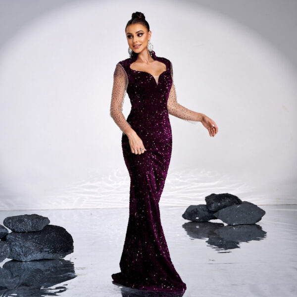 Long Sleeve Square-neck Banquet Sequined Rhinestone Fishtail Dress - Image 2