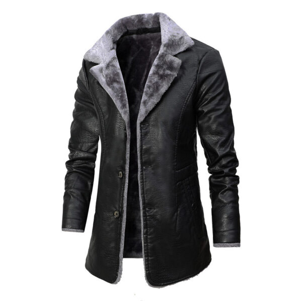 Plush Lapel Leather Jacket Winter Warm Fleece Single-breasted Coat For Men Long Clothing - Image 7