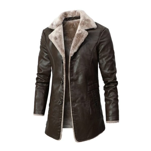 Plush Lapel Leather Jacket Winter Warm Fleece Single-breasted Coat For Men Long Clothing - Image 2