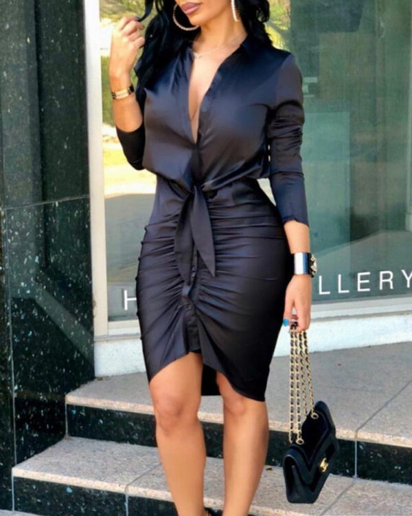 Women Lace-up Solid Color Long Sleeve Midi Dress Shirt Dress Elegant Fashion Party Dress - Image 4