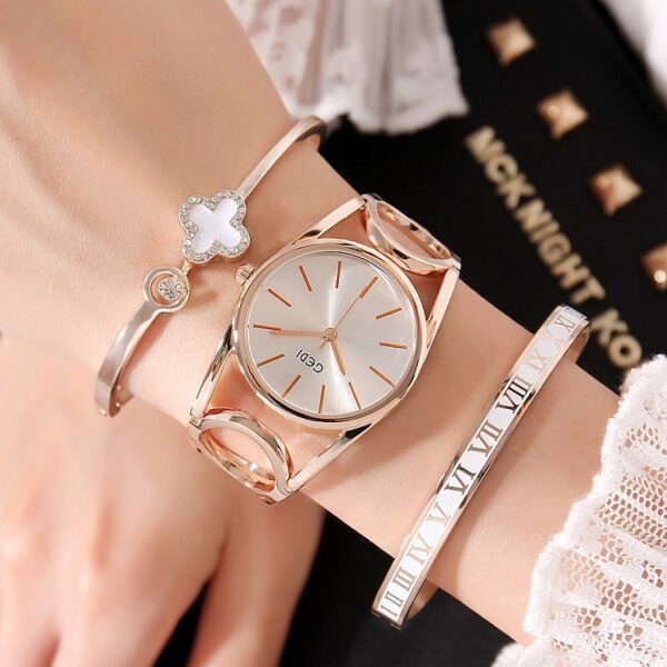 watchNew Style Ladies Watch Three-Piece Fashion Ladies Watch Trendy Ladies Bracelet Set Round Hollow Watch - Image 5