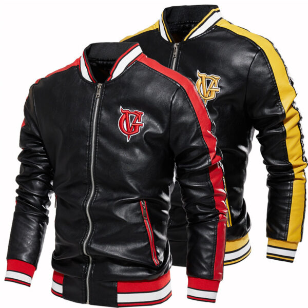 Leather Jacket Men's Stand-up Collar Color Block Faux Leather Jacket Zipper Embroidered Jacket - Image 5