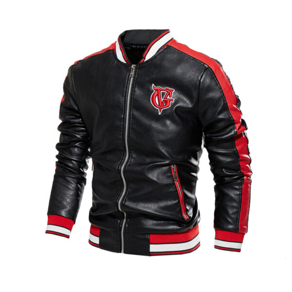 Leather Jacket Men's Stand-up Collar Color Block Faux Leather Jacket Zipper Embroidered Jacket - Image 3