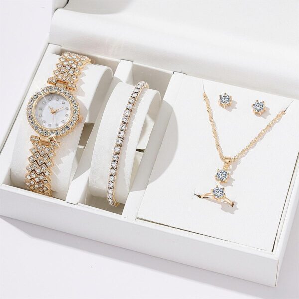 Women's Alloy Quartz Watch Necklace Earrings Bracelet Ring Suit - Image 2