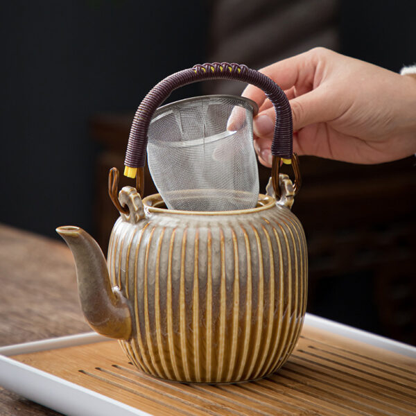 Large Capacity Japanese Style Simple Rib Ceramic Teapot - Image 7