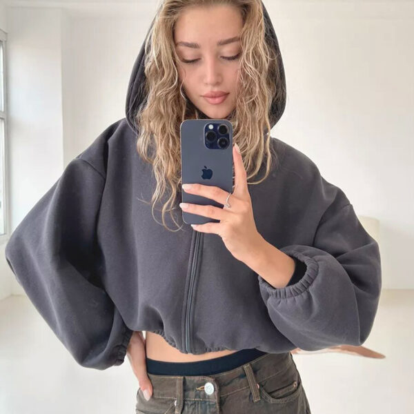 Casual Solid Color Hooded Short Jacket Y2K Fashion Sports Sweatshirt Long Sleeve Zip Up Cardigan Hoodies Women's Clothing - Image 6