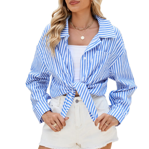 Fashion Striped Long Sleeve Shirt With Pockets Casual Loose Single-breasted Button Top Women Clothing - Image 7