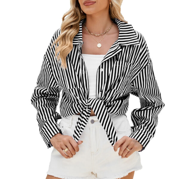 Fashion Striped Long Sleeve Shirt With Pockets Casual Loose Single-breasted Button Top Women Clothing - Image 8