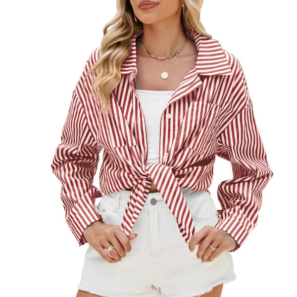 Fashion Striped Long Sleeve Shirt With Pockets Casual Loose Single-breasted Button Top Women Clothing - Image 5