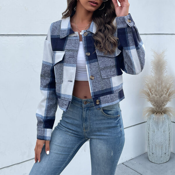 Plaid Lapel Cropped Jacket With Pockets Fashion Button Long Sleeve Short Outwear Tops Coat For Womens Clothing - Image 2