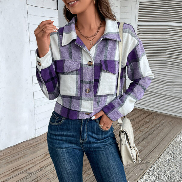 Plaid Lapel Cropped Jacket With Pockets Fashion Button Long Sleeve Short Outwear Tops Coat For Womens Clothing - Image 10