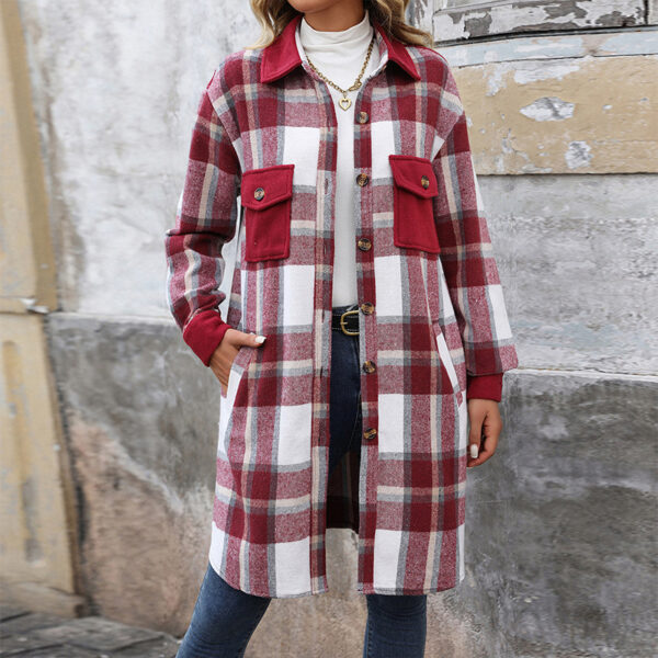 New Brushed Plaid Long Coat With Pockets Fashion Winter Jacket Outwear Women's Clothing - Image 2