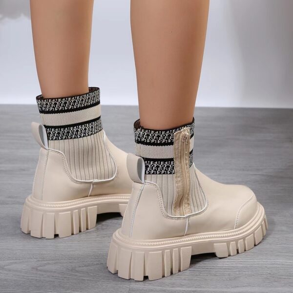 Fashion Mid-tube Boots With Zipper Design Non-slip Thick Sole Elastic Knitted Patchwork Boots For Women Round Toe Shoes Winter - Image 3