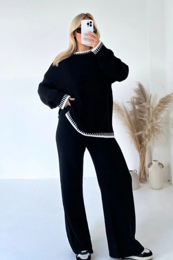 Women's Suit Fashion Pullover Split Long-sleeved Top And Loose Straight Pants Solid Color Two-piece Set - Image 5