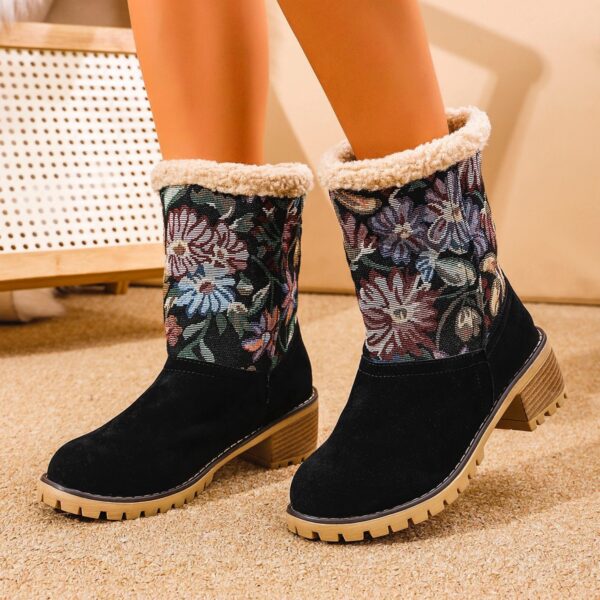 Flowers Embroidered Snow Boots Ethnic Style Platform Thick Square Heel Mid-tube Boot Winter Warm Cotton Shoes For Women - Image 2