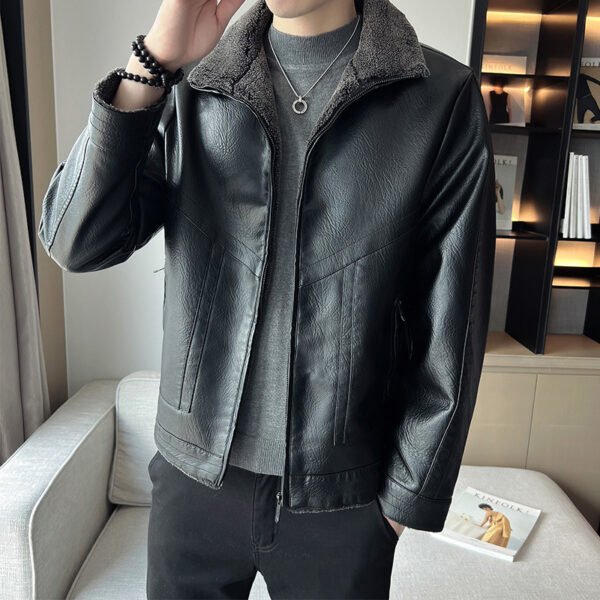 Hong Kong Style Velvet Padded Plus Size Men's Leather Jackets - Image 4