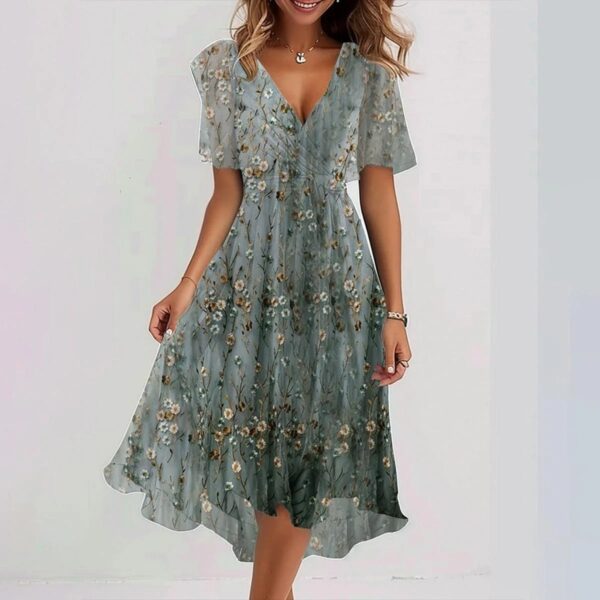 Chiffon Printed Short Sleeve Dress Summer Elegant V-neck Dresses Womens Clothing - Image 7