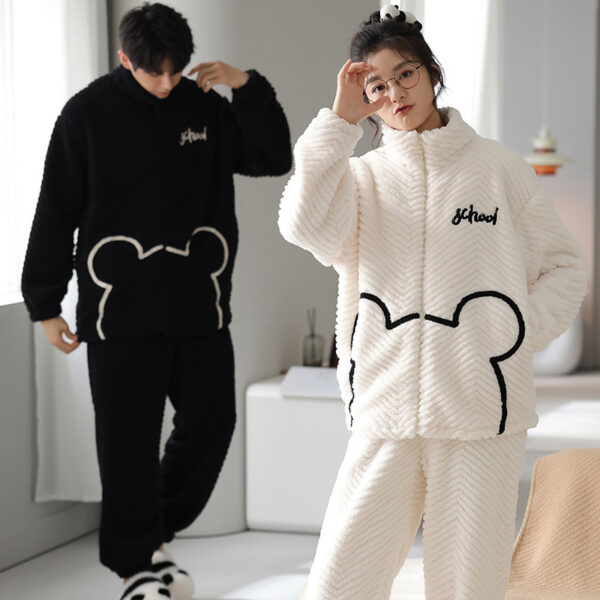 Flannel Couple Pajamas Men's Autumn And Winter Thickened Keep Warm New Zipper Cardigan Cute Coral Fleece Homewear - Image 10