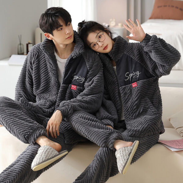 Flannel Couple Pajamas Men's Autumn And Winter Thickened Keep Warm New Zipper Cardigan Cute Coral Fleece Homewear - Image 8