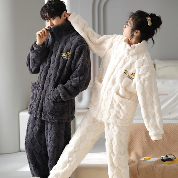 Flannel Couple Pajamas Men's Autumn And Winter Thickened Keep Warm New Zipper Cardigan Cute Coral Fleece Homewear - Image 3