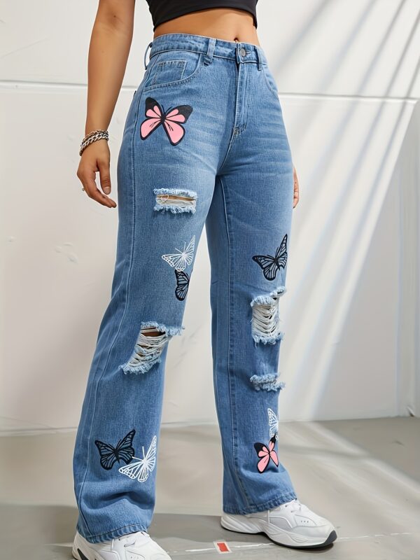 High Waisted Straight Leg Jeans For Women Trendy Butterfly Print Ripped Distressed Denim Pants - Image 4