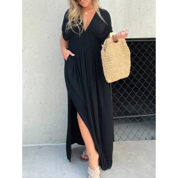 Fashion Bat-sleeved V-neck Slit Dress Summer Short Sleeve Elastic Waist Long Dresses Womens Clothing - Image 4