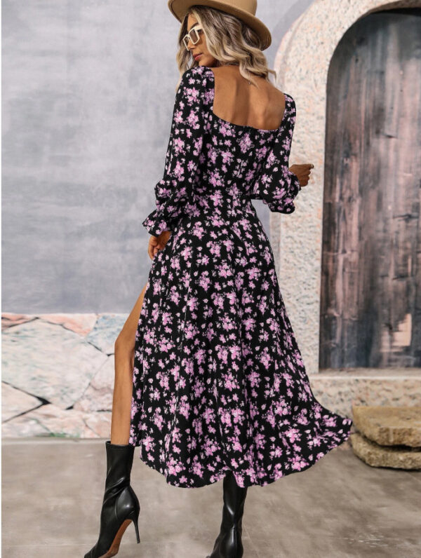 Flowers Printing Long Sleeve Dress Fashion Square-neck Bottom Slit Dresses Womens  Clothing - Image 3