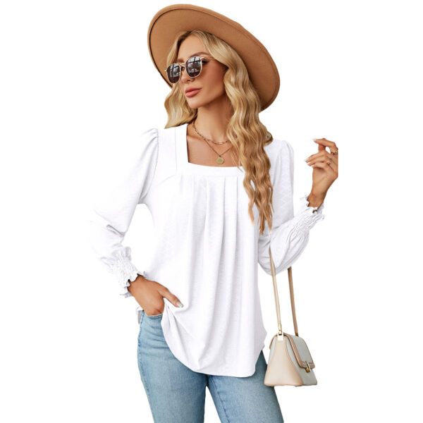 New Jacquard Pleated Square Neck T-shirt Fashion Solid Color Long Sleeve Pullover Tops Womens Clothing - Image 6