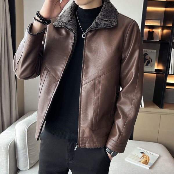 Hong Kong Style Velvet Padded Plus Size Men's Leather Jackets - Image 5