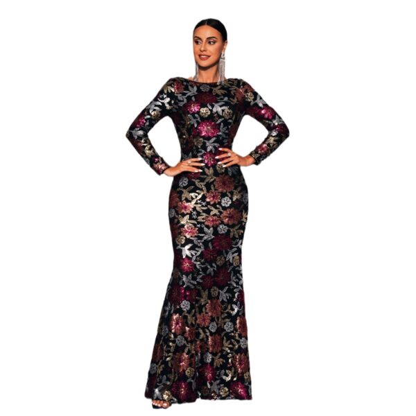 Evening Gown Long Sleeve Temperament Crew Neck Long Sequined Banquet Bridesmaid Dress - Image 2