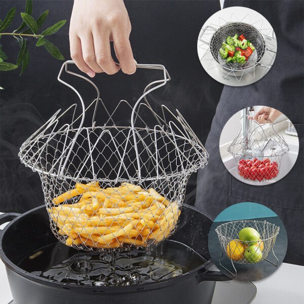 Stainless Steel Deep-fried Large Noodle Kitchen French Fries Tools Drain Basket Household Leak Net Spoon Folding Filter