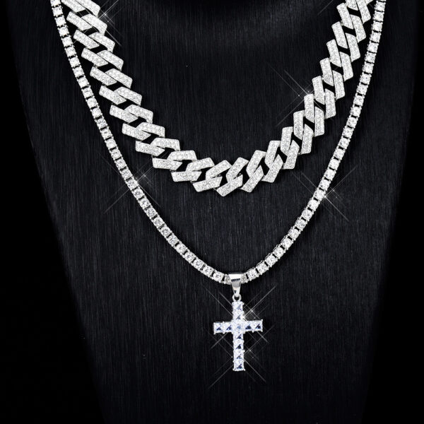 Zircon Cross Pendant Necklace Hip Hop Full Miami Curb Cuban Chain Iced Out Paved Rhinestones Bling Rapper Necklaces For Men Men's And Women's Clavicle Chain Jewelry - Image 2