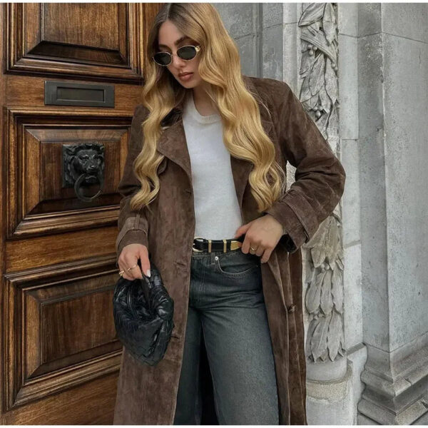 Double Breasted Lapel Shift Coat With Belt Fashion Vintage Suede Long Coat Winter Outwear Women's Clothing - Image 5