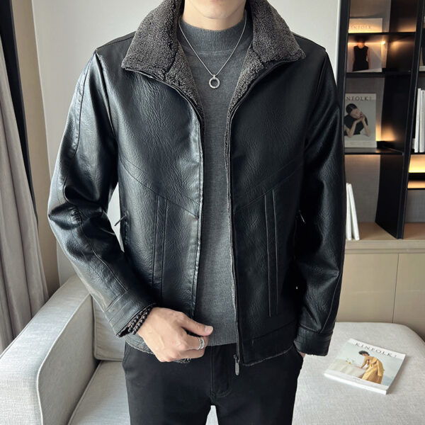 Hong Kong Style Velvet Padded Plus Size Men's Leather Jackets - Image 7