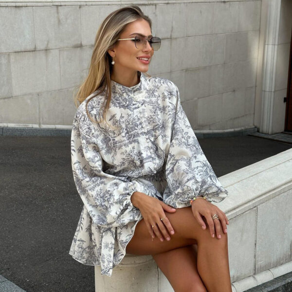 Ink Print Long Sleeve Short Dress With Fashion Puffy Sleeve Lapel Tie A-Line Dress Clothing - Image 4