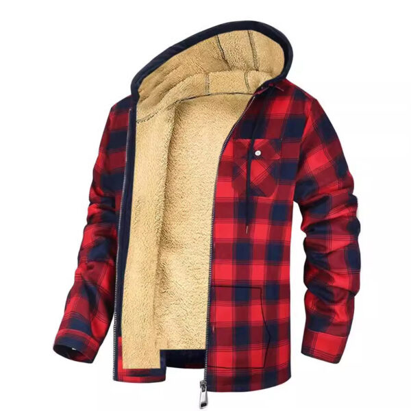 Men's Plaid Print Hooded Zip-Up Jacket Winter Thickened Cotton-padded Coat Warm Clothing - Image 4