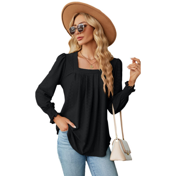 New Jacquard Pleated Square Neck T-shirt Fashion Solid Color Long Sleeve Pullover Tops Womens Clothing - Image 9